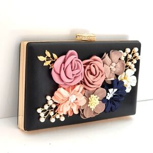 Women's Black Leather Satin Flowers Evening Clutch Bag